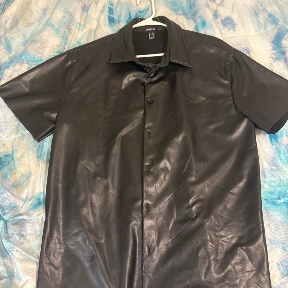 Forever 21 Black Faux Leather Casual Button Down Shirt
